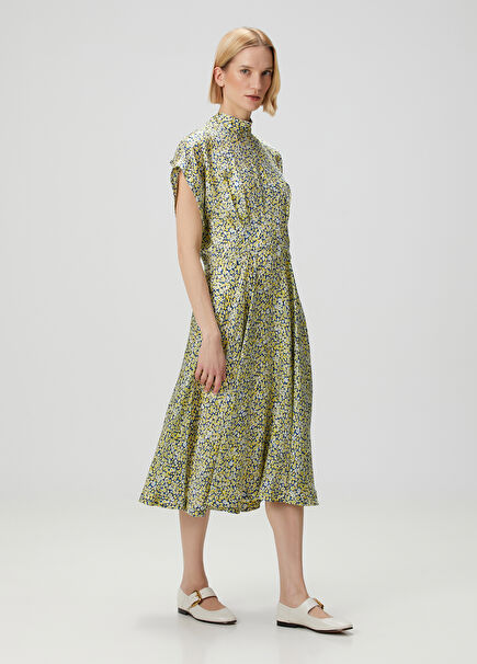 Blue Yellow Floral Midi Silk Dress