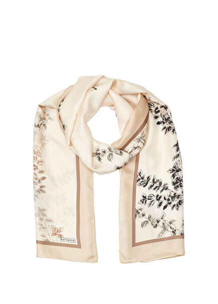 Beige Long Branch Patterned Women's Silk Scarf