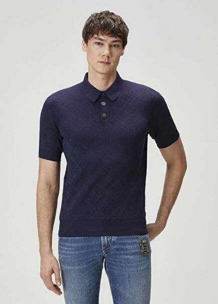 Navy Blue Polo Short Sleeve Silk Sweater