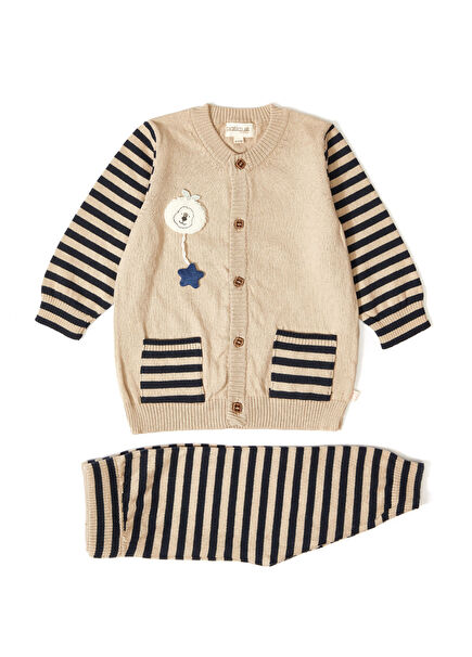 Tavşan Desenli Sütlü Kahve Triko Pamuklu Hırka ve Pantolon Erkek Bebek 2'li Set