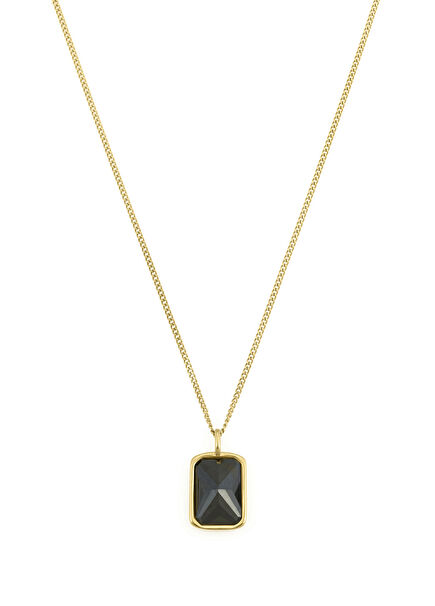 Siyah Taşlı Altın Kaplama Çelik Erkek Kolye