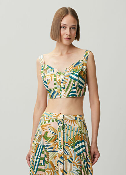 Tia Desenli Crop Keten Bluz
