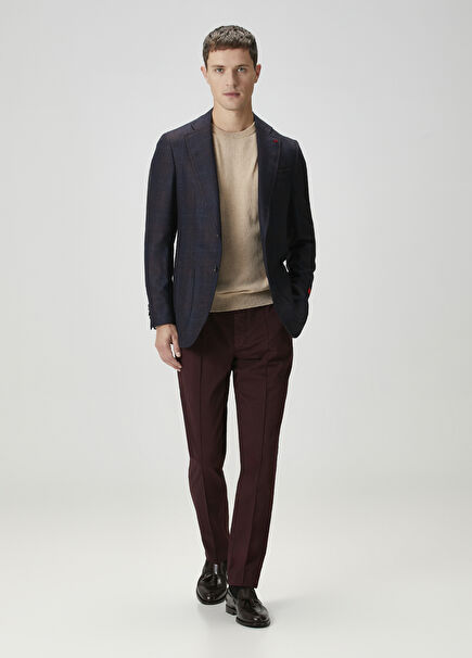 Lacivert Ekose Desenli Yün Ceket