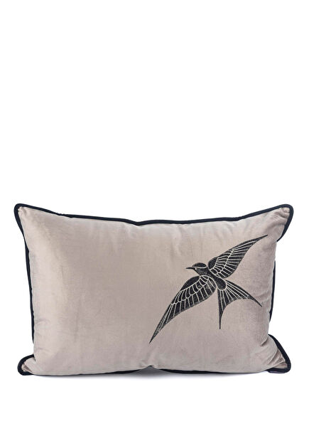 Isla Gri Tek Kuş Kadife Yastık Kırlent 40x60 cm