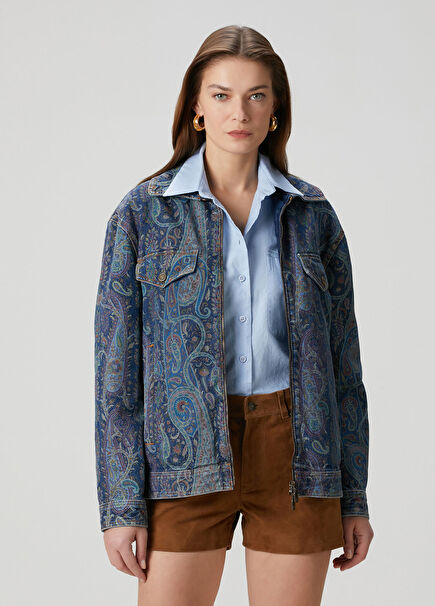 Çok Renkli Etnik Desenli Denim Gömlek