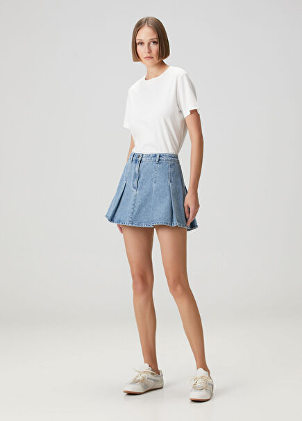 Mavi Pileli Mini Denim Etek