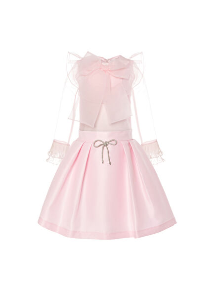 Pink Organza Bow Blouse & Skirt Girls' Set of 2