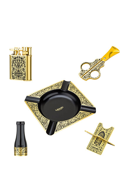 Premium Gold Carbon Çakmak + Küllük + Ağızlık + Kesici + Sehpa 5'li Puro Seti