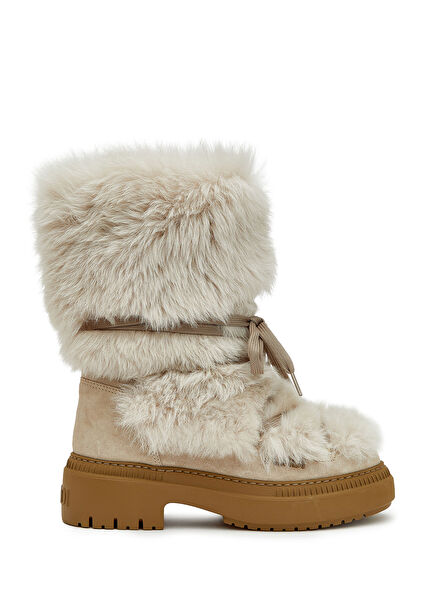 Krem Kadın Deri Kar Botu