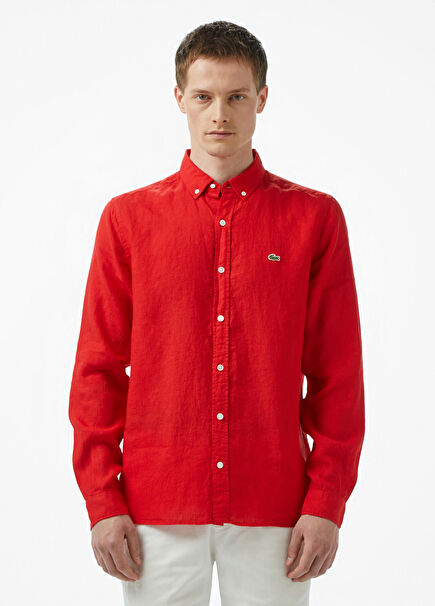 Kırmızı Regular Fit Düğmeli Yaka Erkek Keten Gömlek