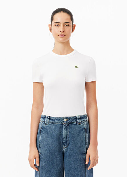 Beyaz Bisiklet Yaka Slim Fit Kısa Kollu Kadın T-shirt