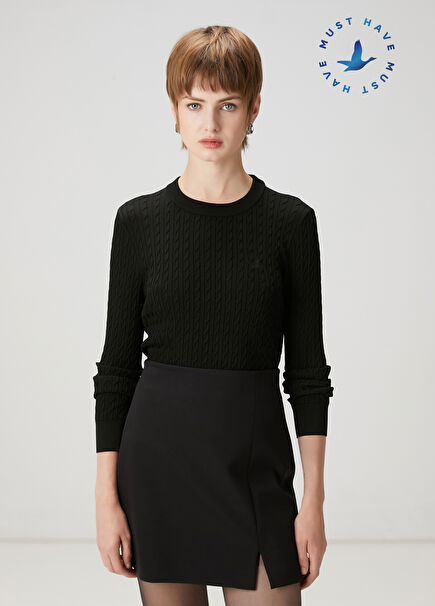 Siyah Saç Örgü Basic Kazak