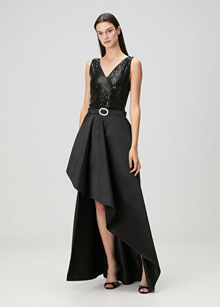 Siyah Payetli Maksi Abiye Elbise