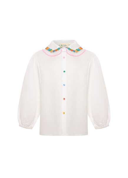 Petite Çiçek Yakalı Beyaz Uzun Kollu Kız Çocuk Gömlek