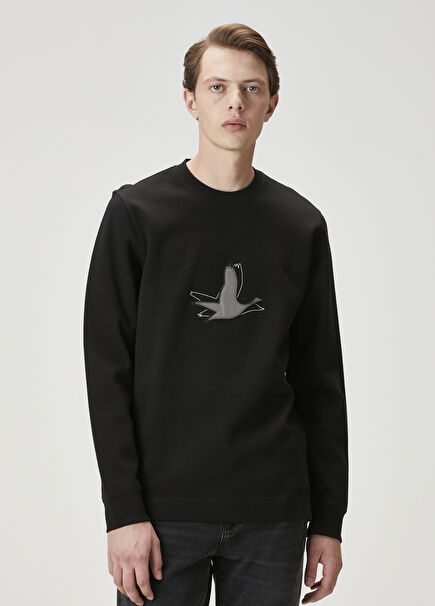 Black Leather Goose Embroidered Sweatshirt