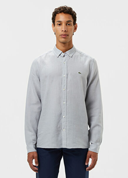 Gri Keten Düğmeli Yaka Regular Fit Uzun Kollu Erkek Gömlek