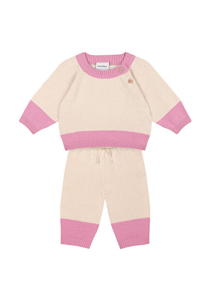 Krem Rengi Pembe Kontrastlı Kazak Pantolon Kız Bebek 2'li Triko Set