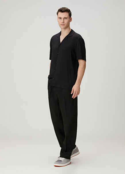 Siyah Çift Pilili Yün Pantolon