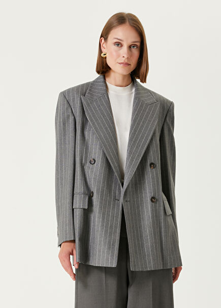 Grey Striped Double-Breasted Wool Jacket