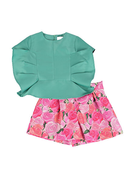 Fiyonk Şeklinde Yeşil Bluz Pembe Gül Desenli Şort 2'li Set