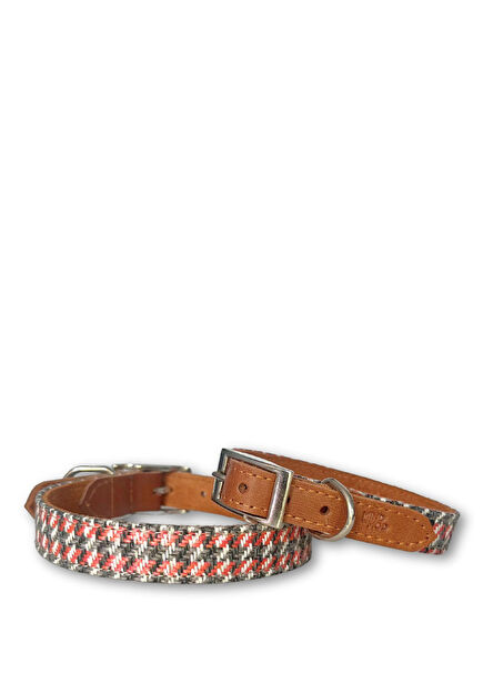Hound's Tooth Red Leather Dog Neck Collar