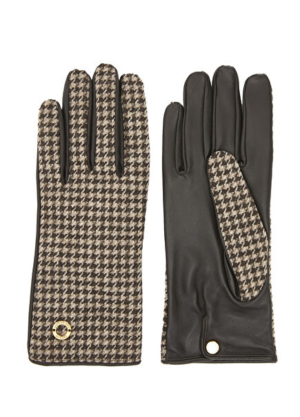 Ekose Desenli Kadın Deri Eldiven