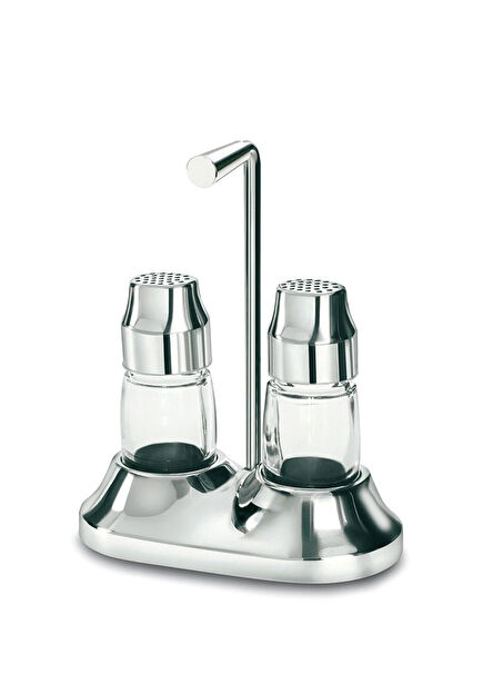 Silver Color Steel 2 Piece Salt Shaker Set with Stand