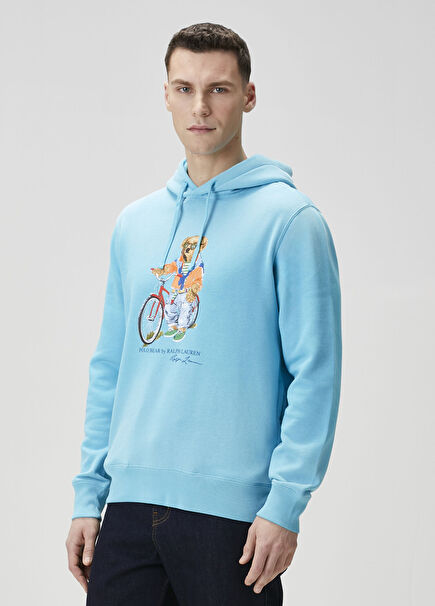 Blue Hooded Logo Printed Sweatshirt