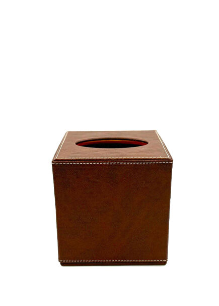 Tan Leather Wooden Cube Napkin Holder