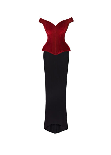 Women's Evening Dress with Black Crepe Skirt with Red Corset Corset