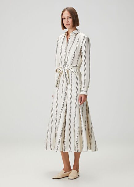 Cream Printed Midi Silk Shirt Dress