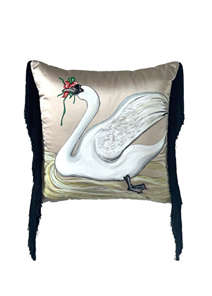 White Swan Tassel Detailed Hand-Painted Silk Throw Pillow