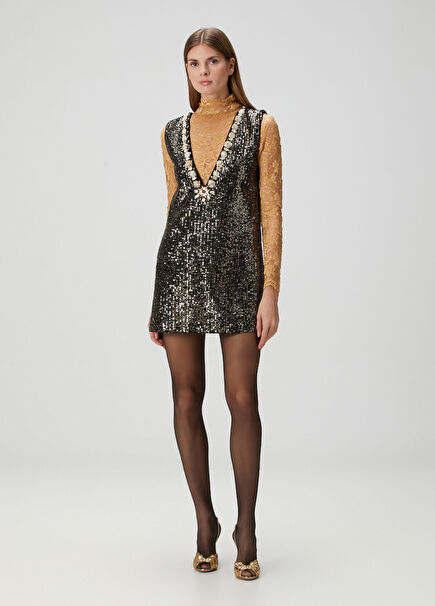 Black Gold Velvet Sequined V-Neck Women's Evening Dress