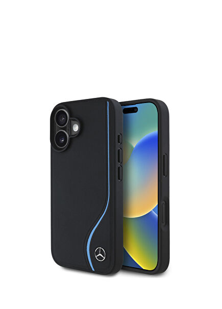 iPhone 16 Magsafe Uyumlu 3D Metal Logolu Mavi Çizgili Deri Telefon Kılıfı