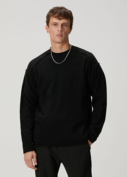 Black Decorative Stitching Detailed Wool Sweater