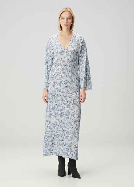 Rasato Mavi Çiçek Desenli Maksi Elbise