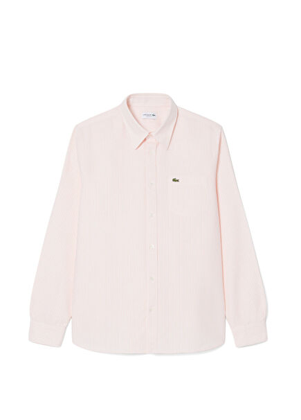 Pembe Pamuklu Regular Fit Çizgili Uzun Kollu Erkek Gömlek