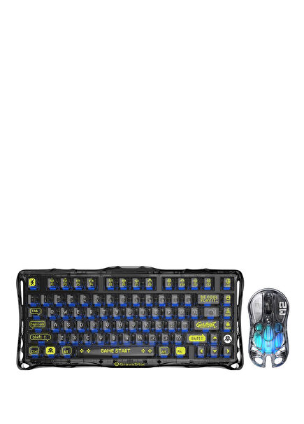 Mercury K1 Lite+M2 Şeffaf Siyah Kablosuz RGB Işıklı Mekanik Gaming Klavye ve Optik Mouse Seti