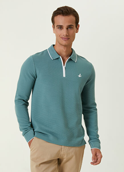 Slim Fit Textured Petrol Polo Neck Sweatshirt