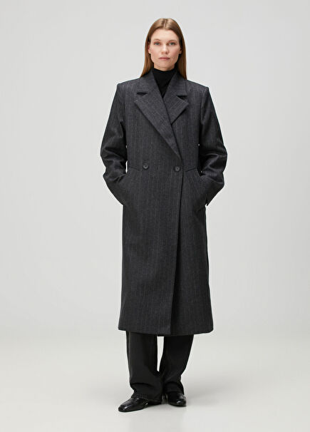 Dark Grey Striped Double-Breasted Wool Coat