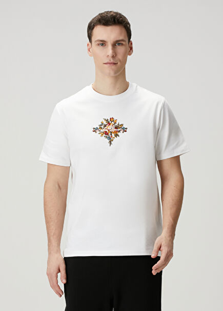 Regular Fit Fiore White Organic Cotton T-Shirt