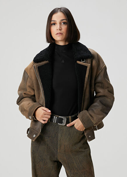 Kahverengi Shearling Detaylı Deri Mont