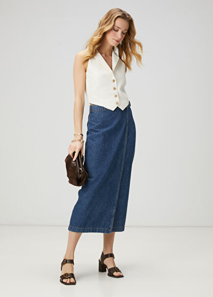 Mavi Midi Anvelop Denim Etek