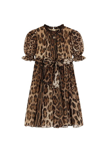 Leopar Desenli Kız Çocuk İpek Şifon Elbise