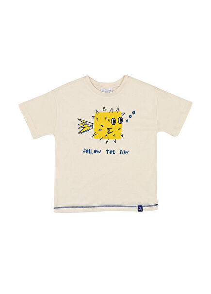 Follow the Sun Baskılı Ekru Oversize Kısa Kollu Unisex Çocuk T-Shirt