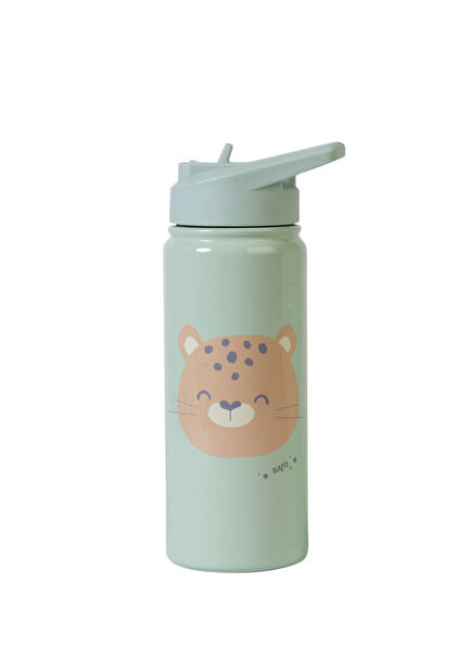 Thermos Drinker with Green Stainless Steel Straw with Cat Figure 500 ml