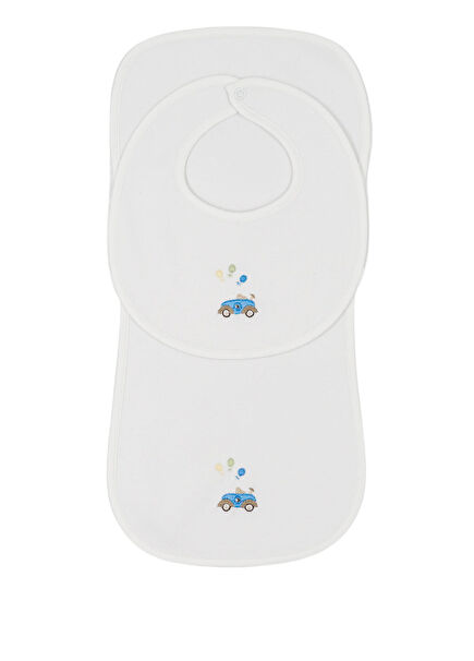 White Car Embroidered Baby Boy Bib Set
