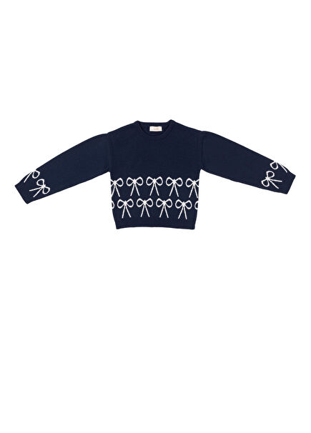 Sky Bow Bow Navy Blue Girl's Knitwear Sweater