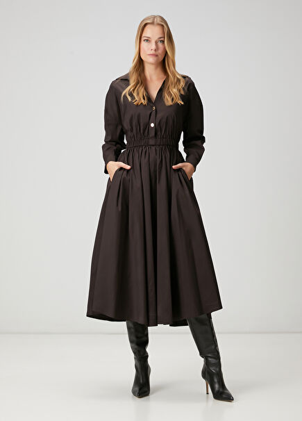 Kahverengi Midi Tafta Gömlek Elbise