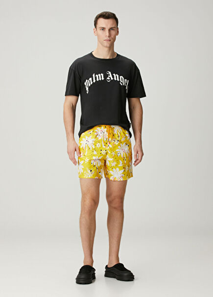 Beyaz Sarı Beli Kordonlu Desenli Mayo